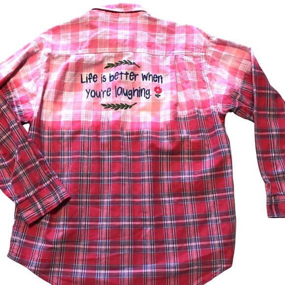 Bleached Plaid Upcycled Shirt: Plus Size Western Top with Inspirational Quote - Picture 6 of 11